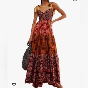 Boho Flowy Summer Floral Smocked Off Shoulder Tie Strap Tiered Maxi Dress